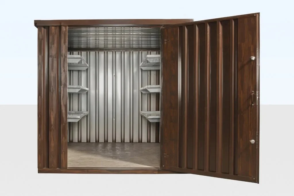 wood-effect flat packed storage container 2m x 2.1m